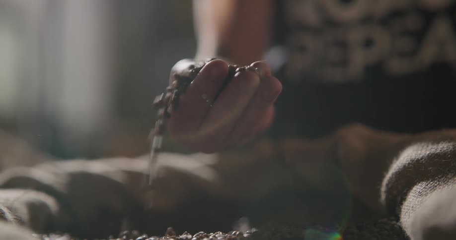 A person holding beans in a hand and lets the beans fall into a sack