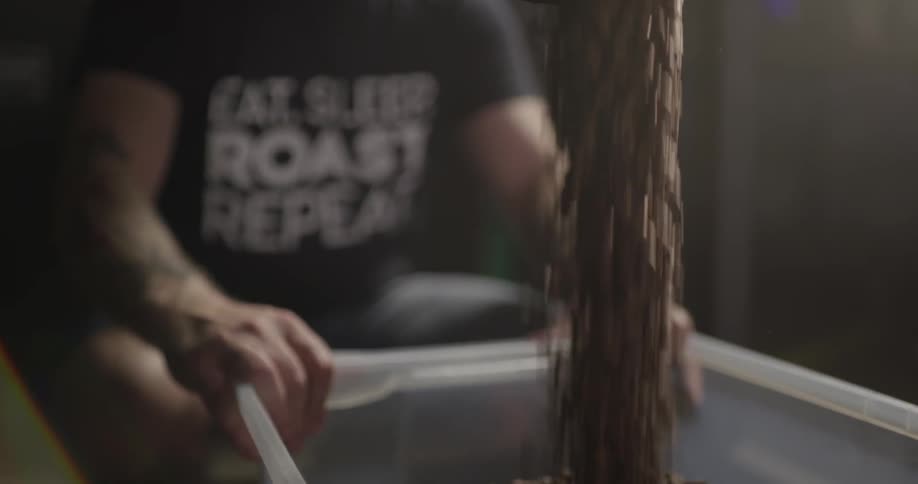 Man fills container with coffee beans on warehouse
