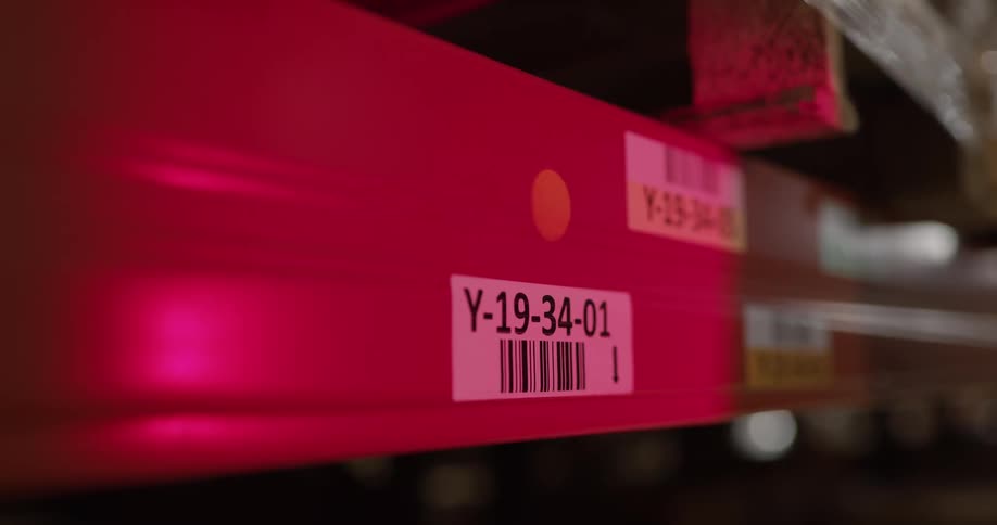 Laser reading bar code glued to a shelf on a warehouse