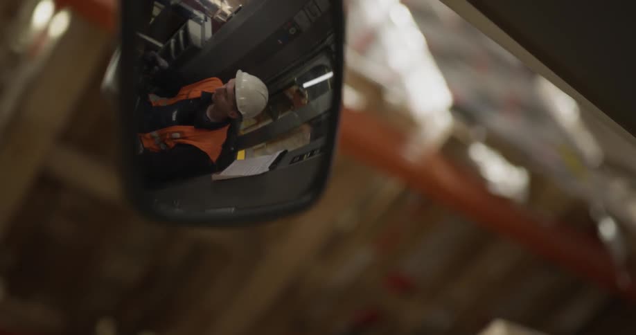 A worker is driving a forklift past boxes in a warehouse