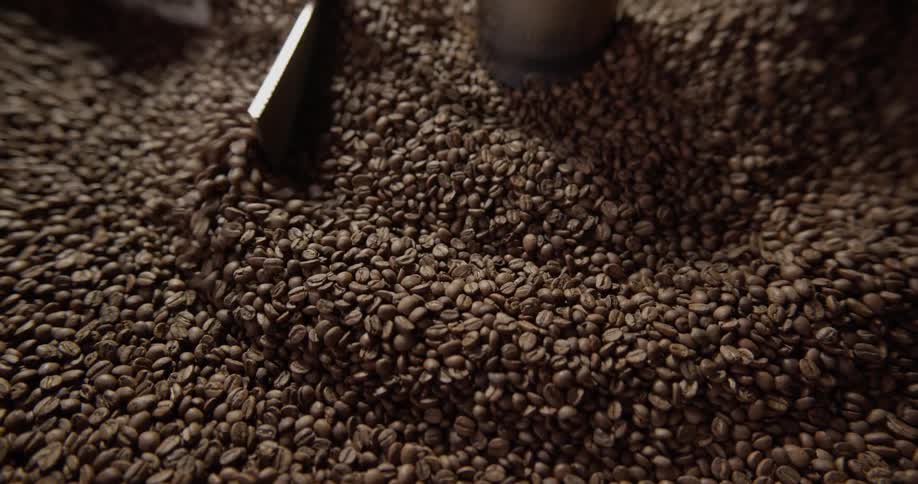 Coffee grains being turned in a mixer