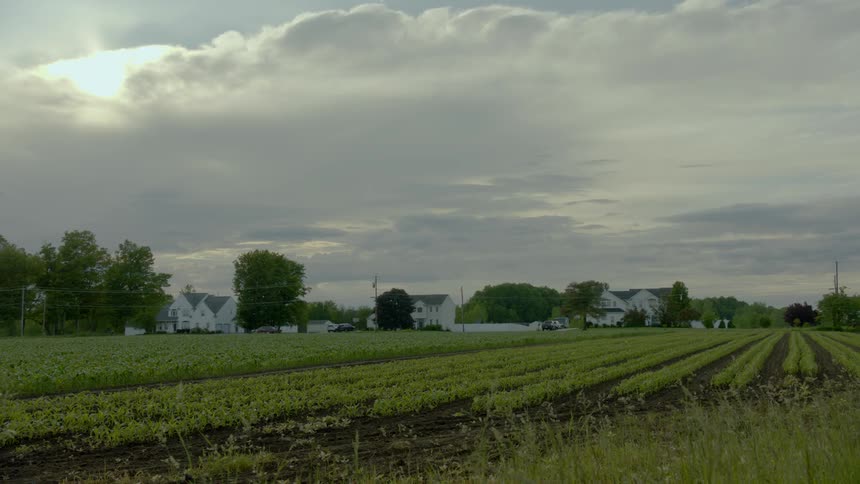 View of country side with cars going on the road on a cloudy day