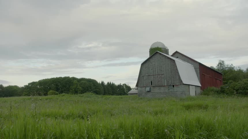 A handful of farm buildings including a large barn and some silos sit in a remote grassy field on a cloudy day