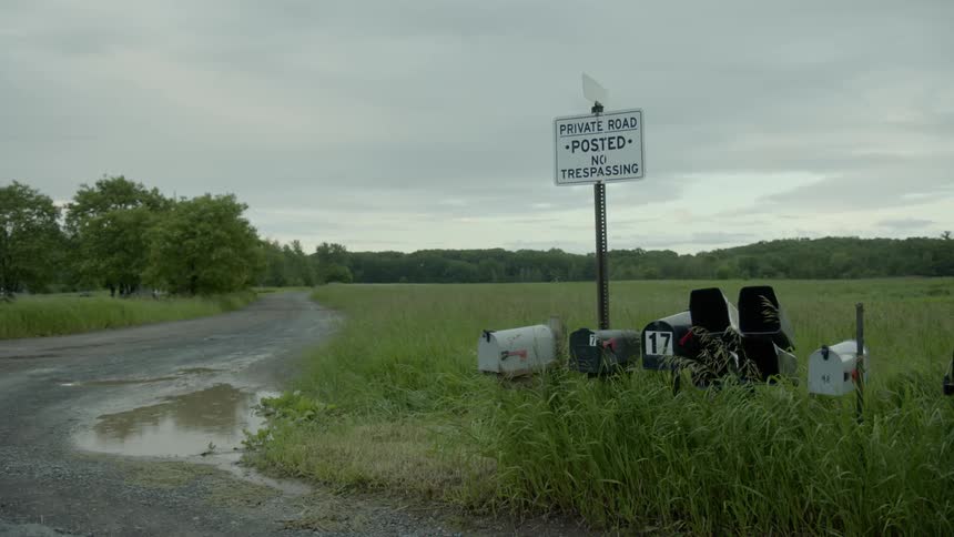 A group of mailboxes line the side of the street beside a road sign