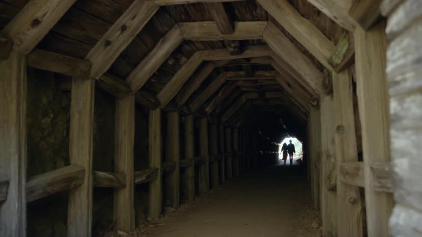 Two people walk in a dark tunnel framed with wood