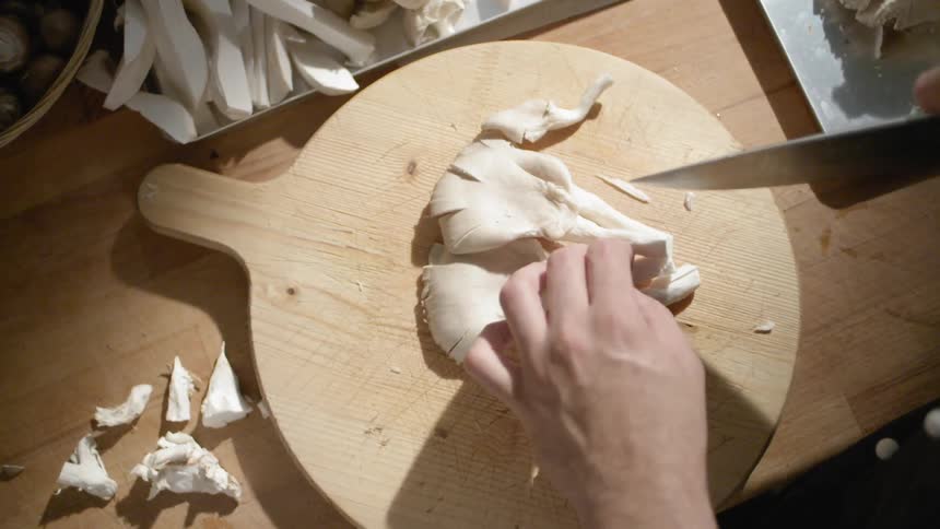 A man with a knife cuts some plant material