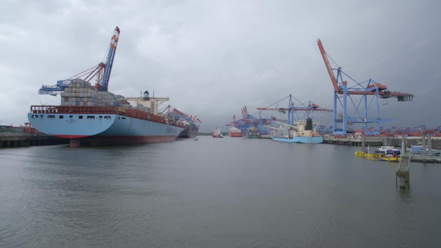 Ships full of shipping containers in a port with machinery