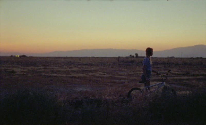 A young woman pushing a bicycle along the countryside outside a fence