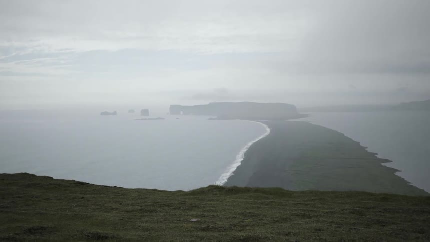 A bird flies downwards on a foggy cliffside
