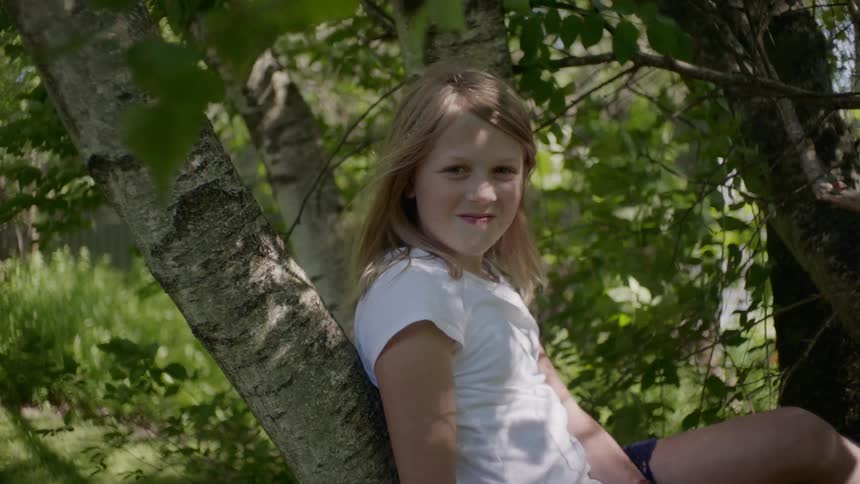 A girl is sitting in a tree on a sunny and windy day