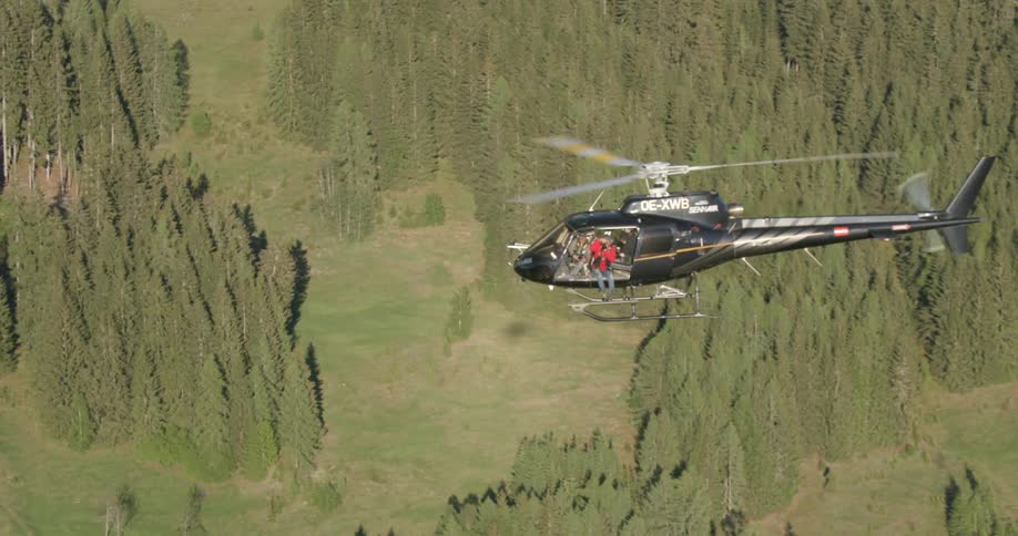 A helicopter flies over evergreen trees on a hillside on a sunny day