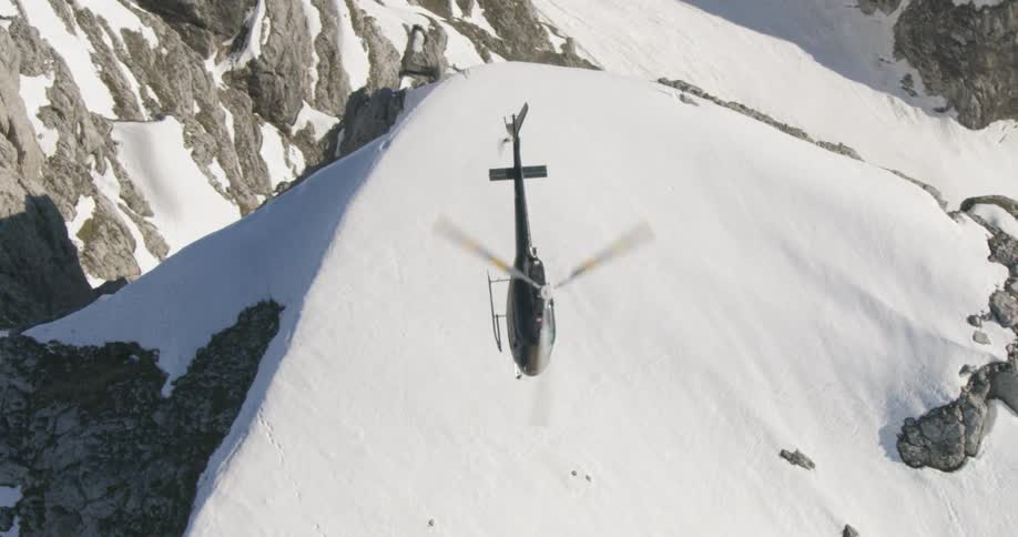 An aerial view of a helicopter flying