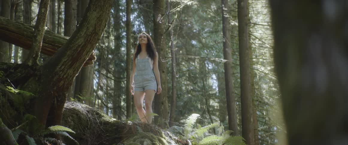 Woman walks in the wood during daylight