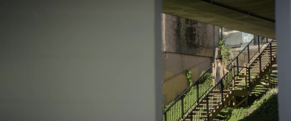 A woman walks down a flight of steps outdoors