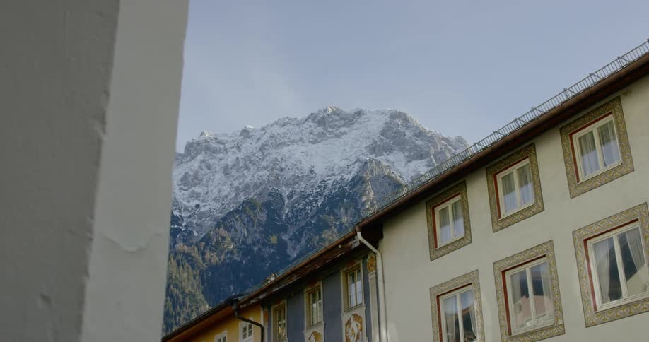 A small village at the base of a large mountain range
