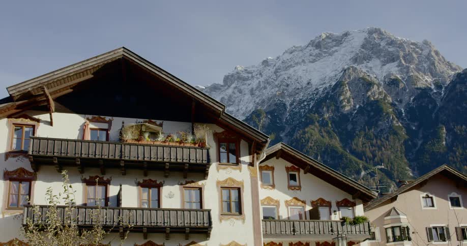 Condos below a mountain range