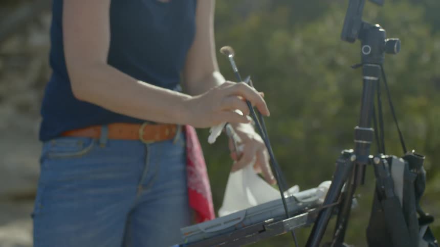 A woman wearing a hat is painting onto a canvas held up by an easel atop a mountain