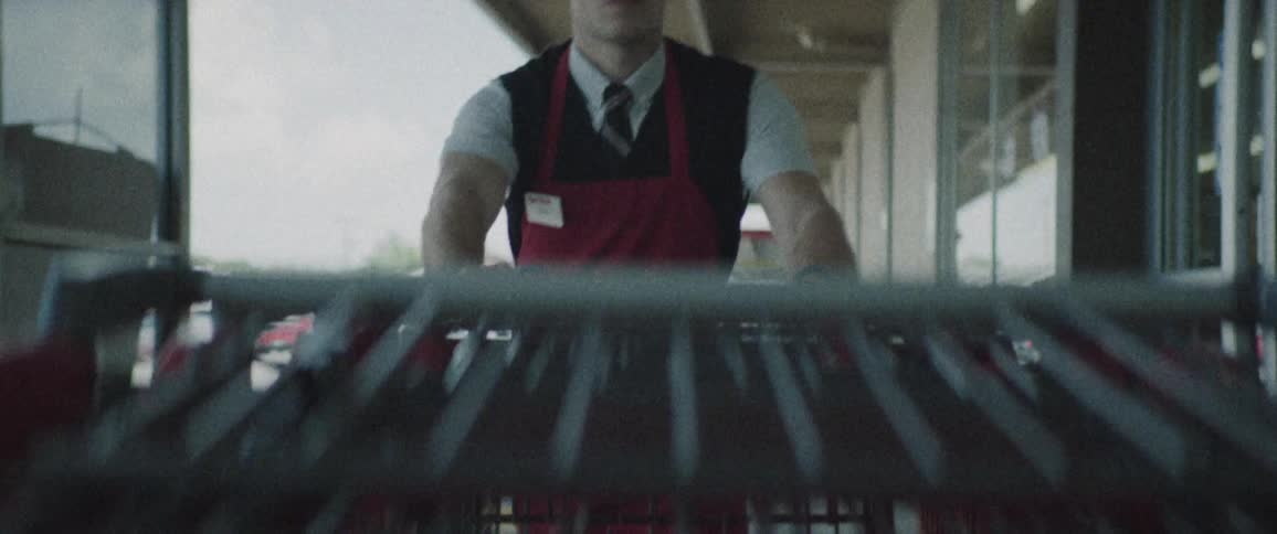 A person pushes shopping carts