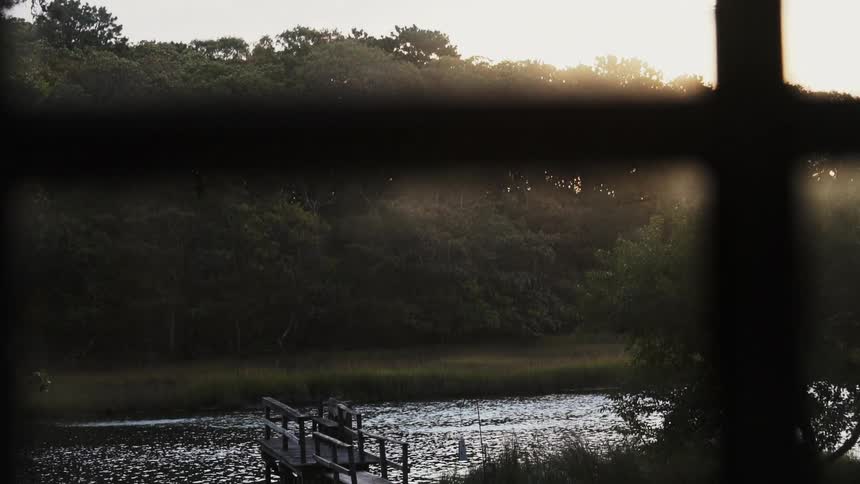 A lake with a small pier, surrounded by trees, is seen through the panes of a window