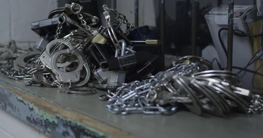 A pile of handcuffs and chains