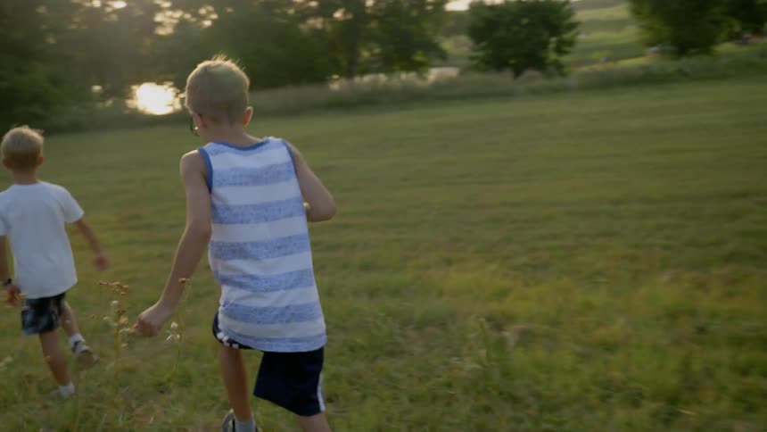 Two blonde boys walk in the green fieldat sunset