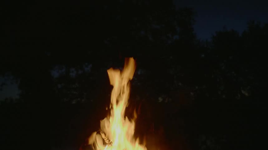 A campfire burning outdoors at night
