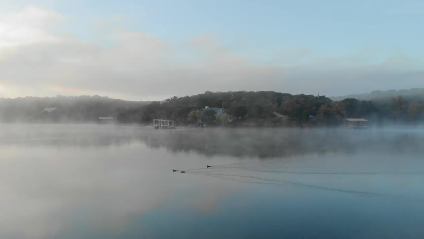 The fog covered lake has birds swimming in the middle