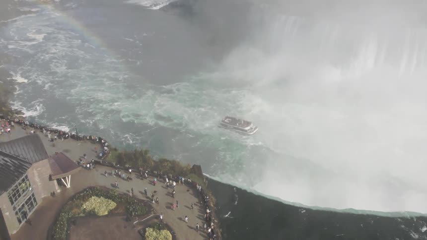 An aerial view of a rainbow over niagara falls