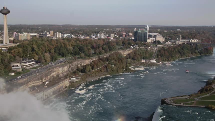 An aerial view of a city skyline and a river