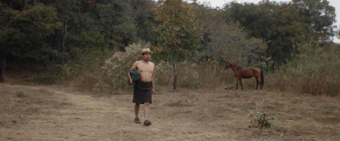 A shirtless man walking in the grass land