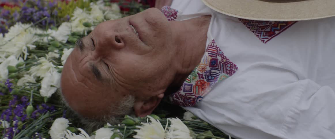 A man lies in a bed of flowers a woman above him rubs his shoulder