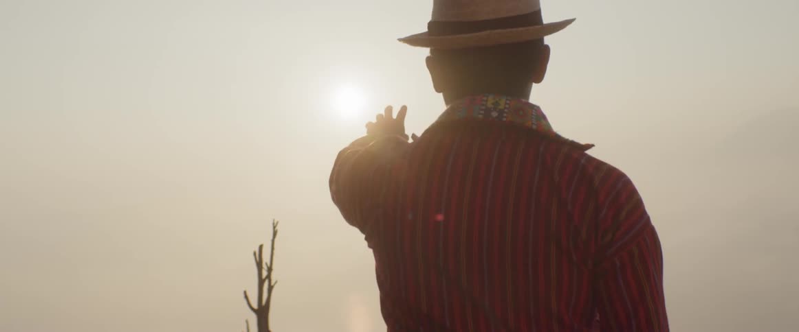 A silhouette of a man in a straw hat reaching out to the sun on a hazy day