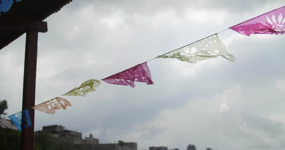 Flags with cutouts of flowers hang from a horizontal line