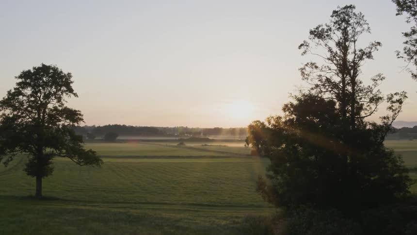 Sunlight shines over beautiful green pastures as cars drive down a road in the distance