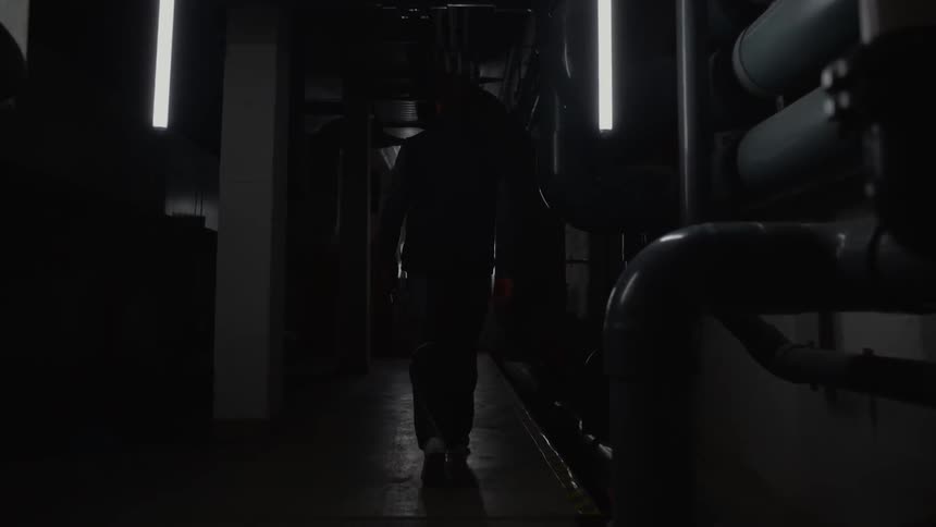 Man walking down a dark service hallway