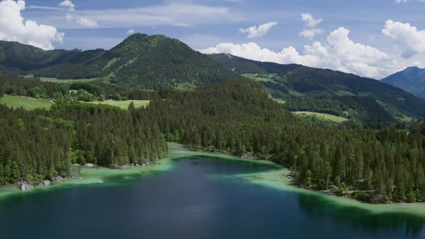 Aerial view of lake surrounded by forest near mountains