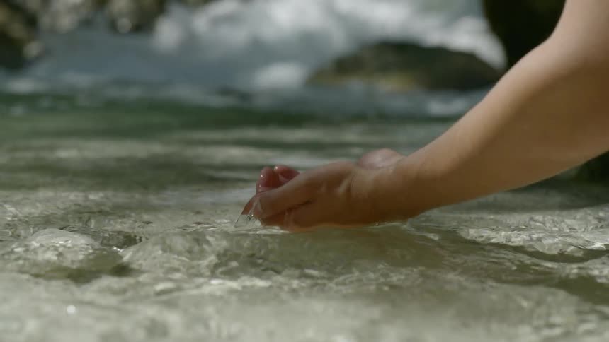 Someone taking water from the river with them hand