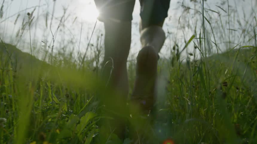 A person walking trough the grassfield