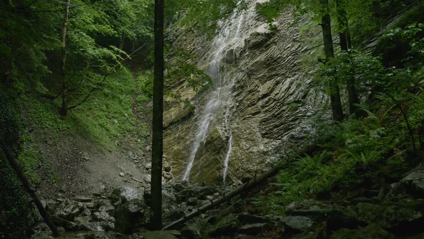 Water flows down a rocky cliff face surrounded by green trees