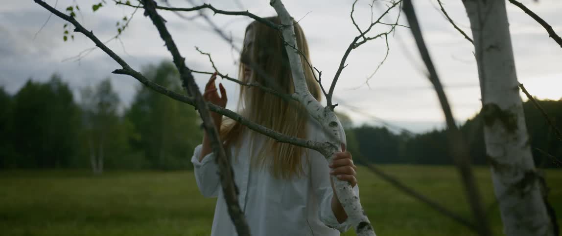 Woman in white shirt holds the branches of the tree in the field at dusk