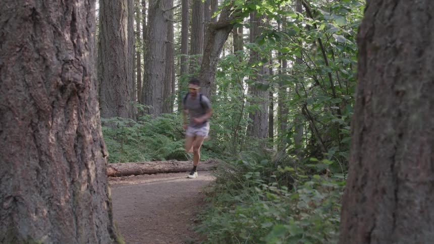 A man runs on a path through the woods