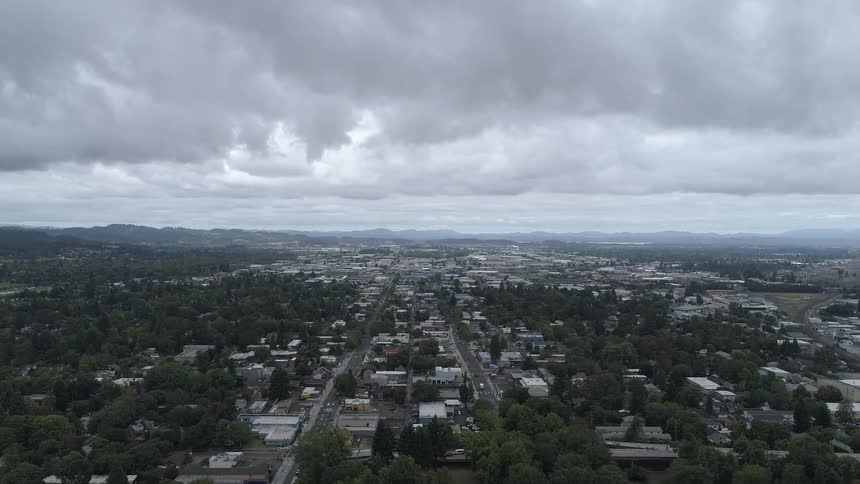 An aerial view of a city skyline