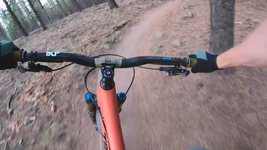 Man rides a bike on the winding forest track in the woods