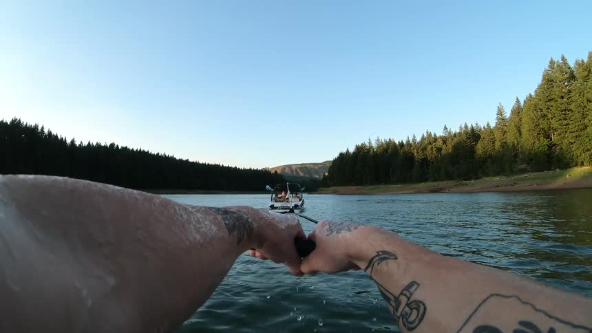 A point of view from someone doing a jet ski surf