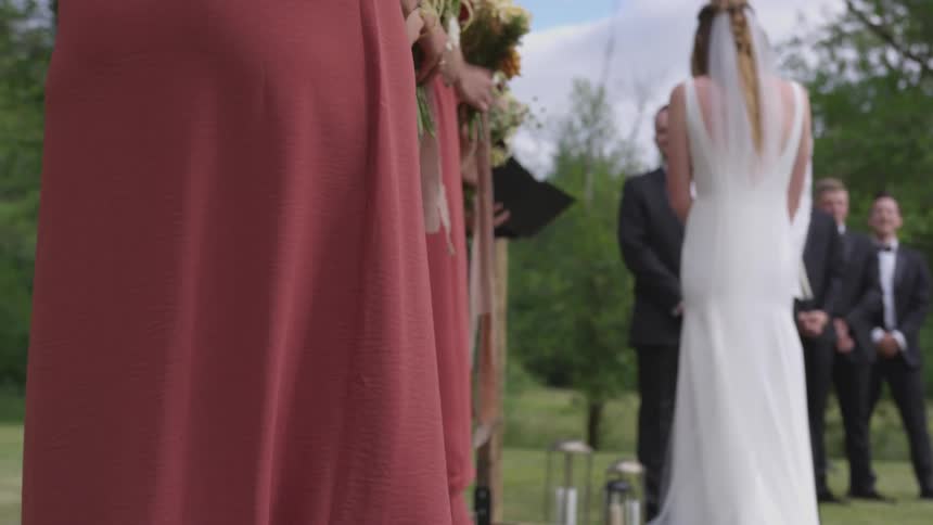Bridesmaids and groomsmen are lined up on either side of the bride and groom being married outside