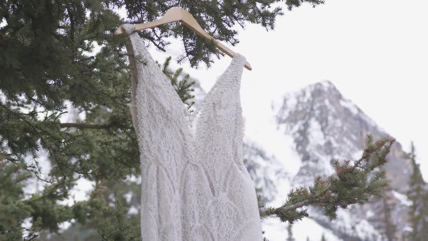 A white dress hanged up on a pine tree with a mountain in the background