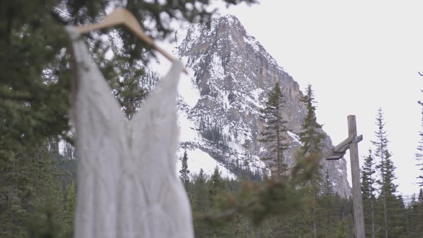 A white lacey wedding dress on a wooden hanger hangs in a tree near a snow covered mountain