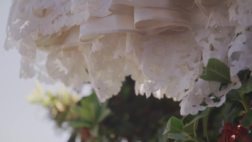 Close up of the bottom of a white lace dress
