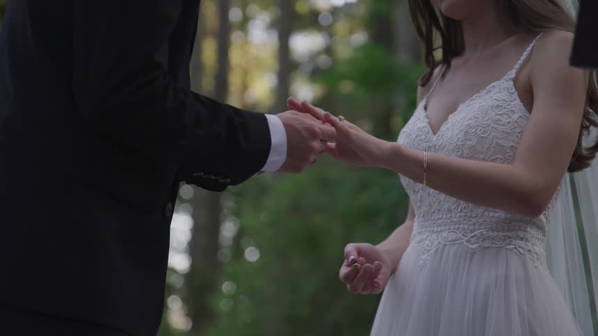 Groom putting ring on brides finger