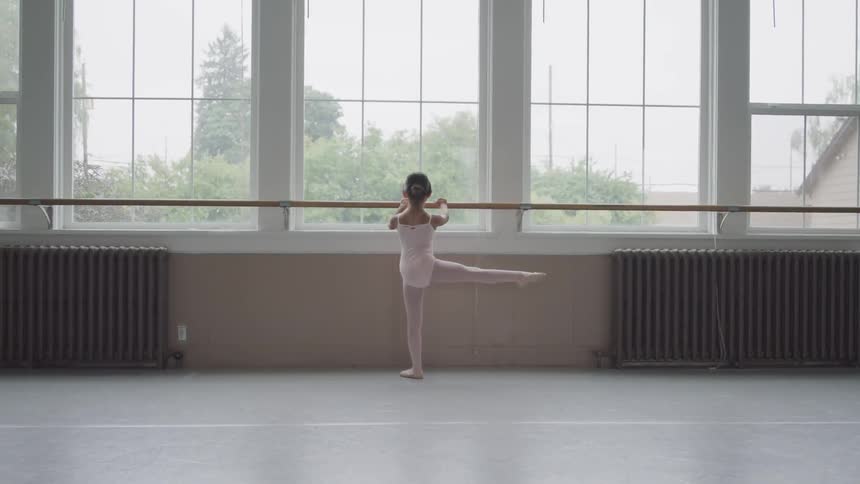 A girl ballerina holding onto a ballet barre and raising one leg